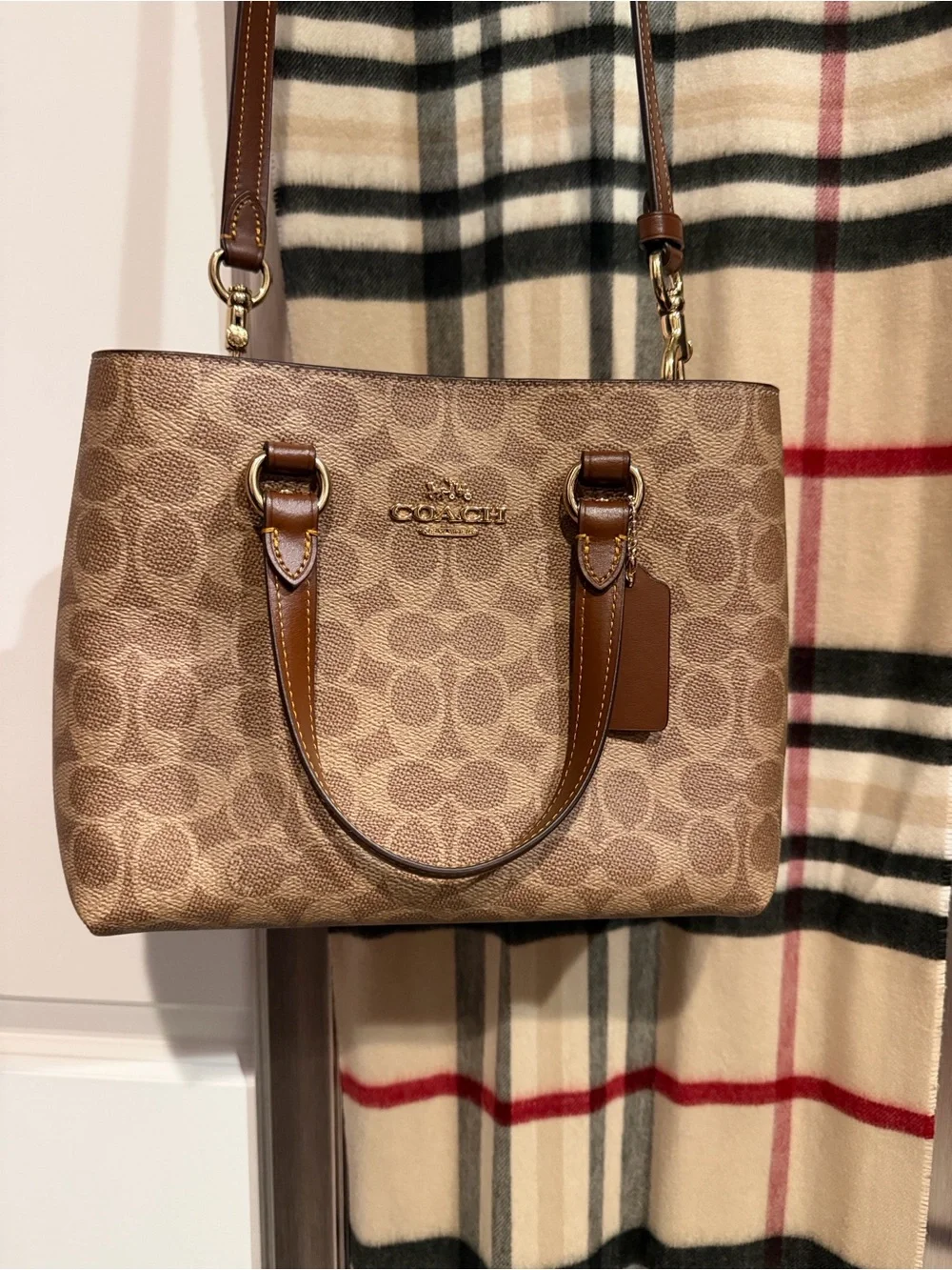 COACH Brown Signature Canvas Satchel with Leather Trim
